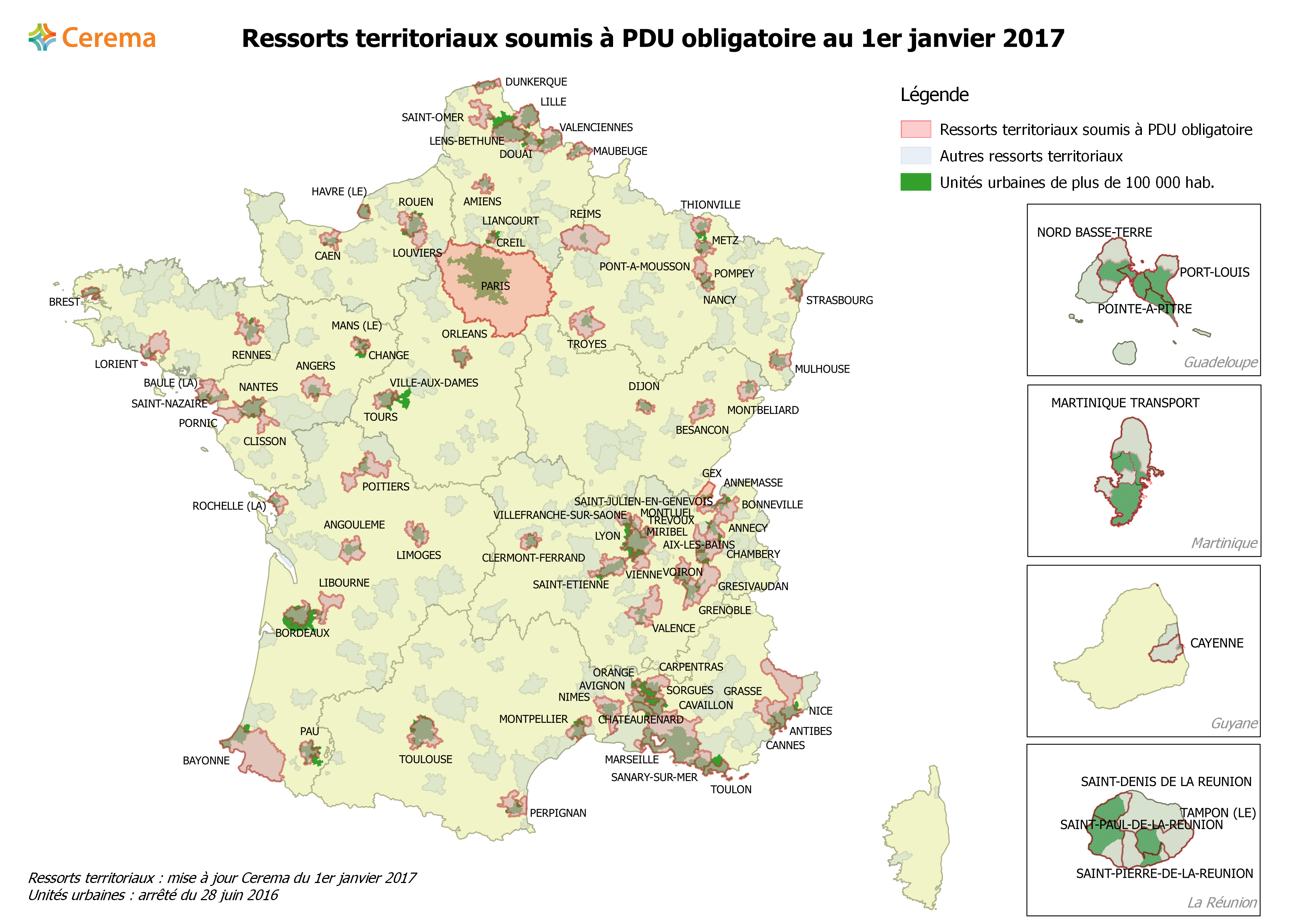 Les ressorts territoriaux soumis à PDU obligatoire au 1er janvier 2017