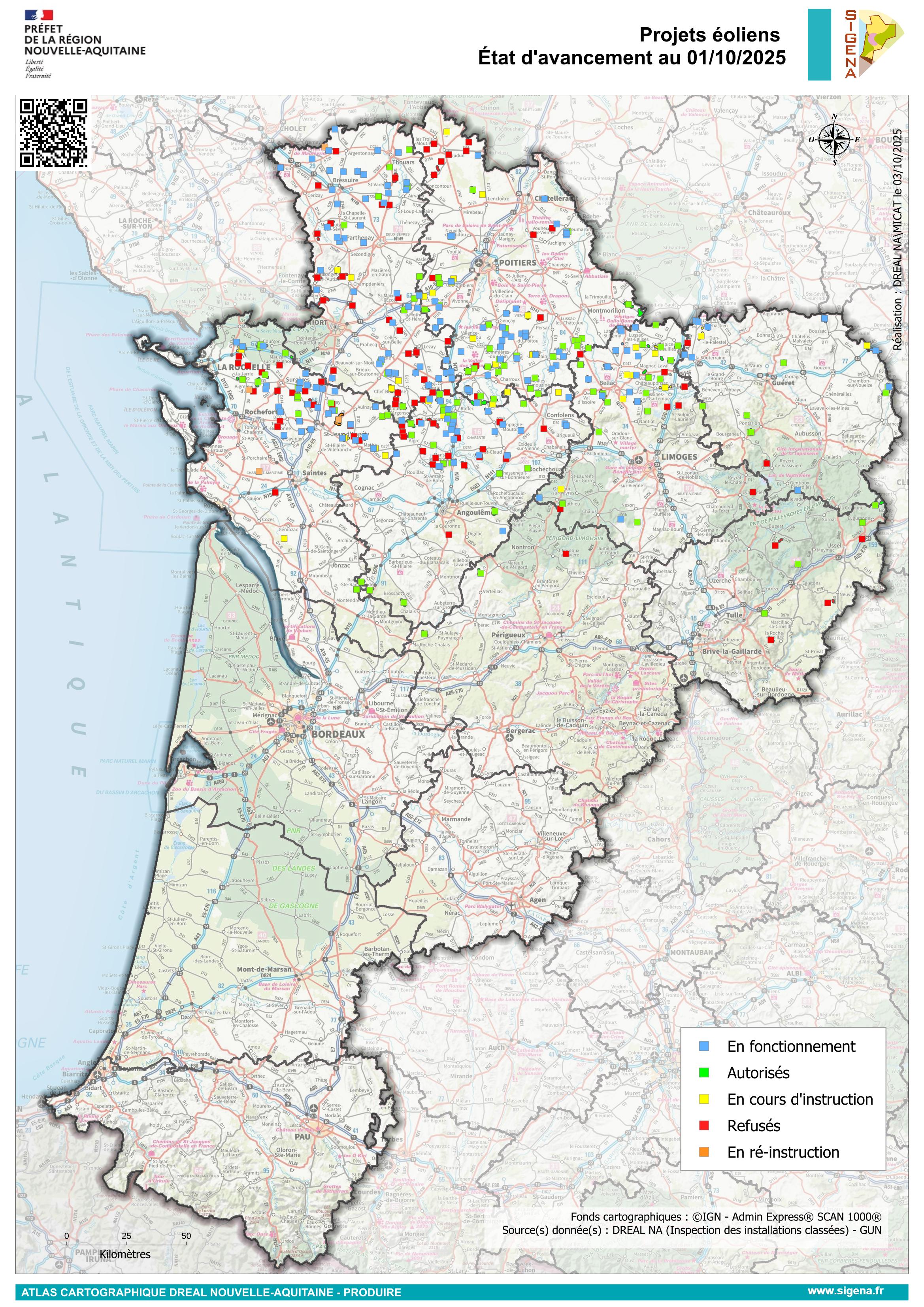 Carte des projets éoliens en Nouvelle-Aquitaine