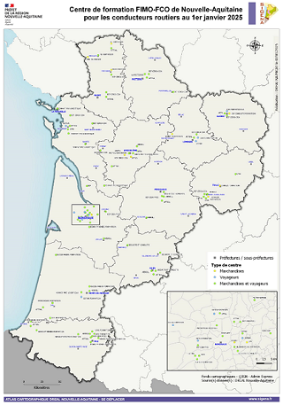 Carte des centres de formation FIMO-FCO de Nouvelle-Aquitaine pour les conducteurs routiers au 1er janvier 2025