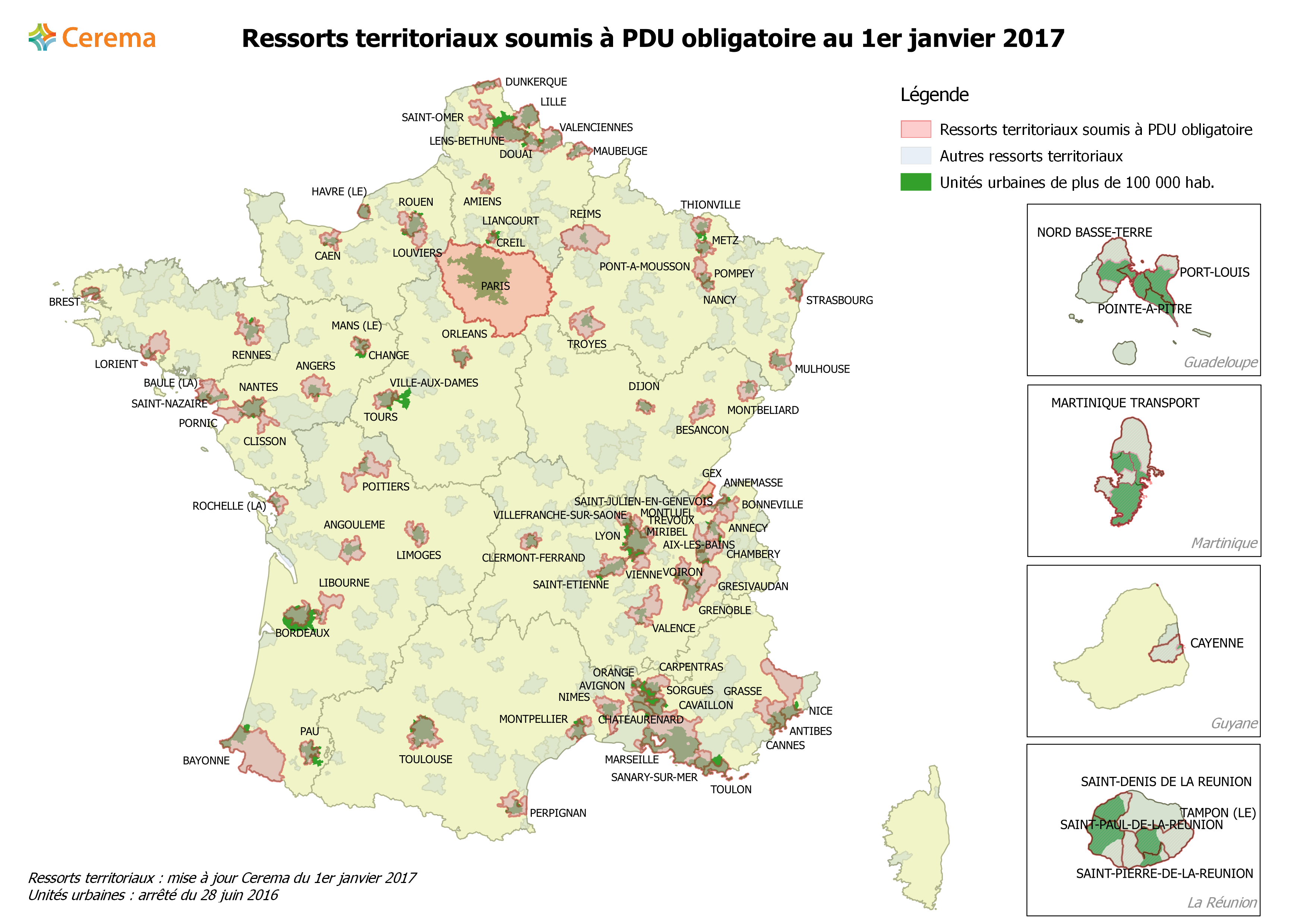 Les ressorts territoriaux soumis à PDU obligatoire au 1er janvier 2017 Les ressorts territoriaux soumis à PDU obligatoire au 1er janvier 2017